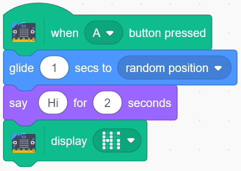 screenshot of Scratch code. when A button pressed; glide 1 secs to random position; say Hi for 2 seconds; display Hi
